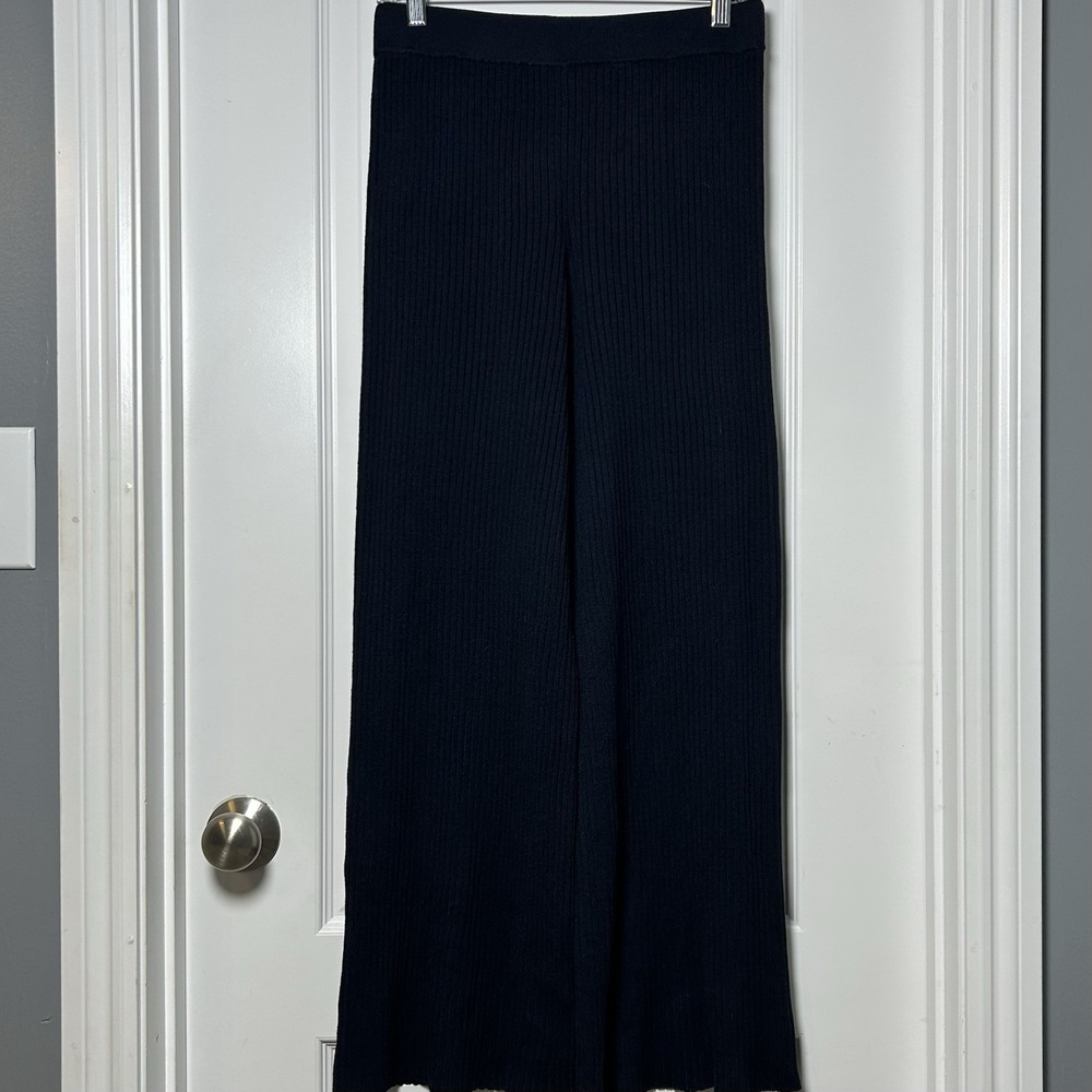The Drop Wool Blend Navy Ribbed Knit Wide Leg Pull On Pants Quiet Luxury Style